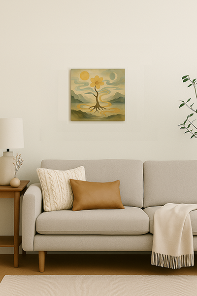 A living room with a white wall featuring an S4 size unframed canvas painting, paired with a sofa, cushions, side table, and indoor plant in a calm, natural style.
