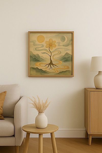 An S6-sized framed Xieyi painting on the living room wall, depicting a mystical flower illuminated by the sun and moon, harmonizing with natural wooden furniture.