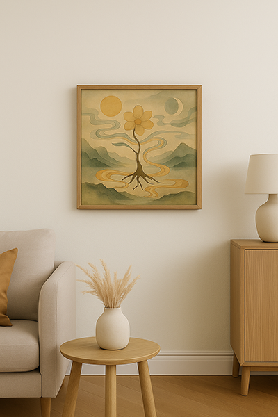 An S6-sized framed Xieyi painting on the living room wall, depicting a mystical flower illuminated by the sun and moon, harmonizing with natural wooden furniture.