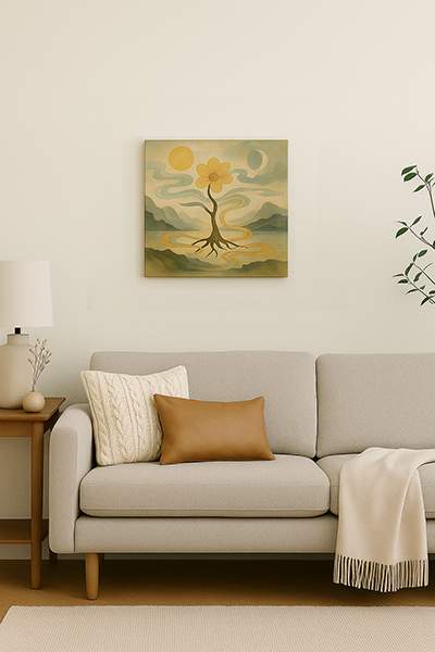 A living room with a white wall featuring an S6 size unframed canvas painting, paired with a sofa, cushions, side table, and indoor plant in a calm, natural style.