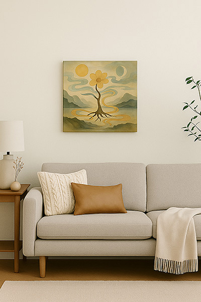A living room with a white wall featuring an S6 size unframed canvas painting, paired with a sofa, cushions, side table, and indoor plant in a calm, natural style.