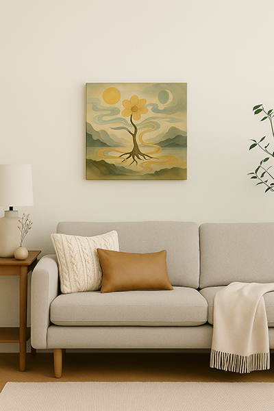 A living room with a white wall featuring an S6 size unframed canvas painting, paired with a sofa, cushions, side table, and indoor plant in a calm, natural style.