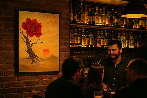 A painting of a red flower with a sunset on a brick wall, with people enjoying conversation at the counter in a restaurant or bar