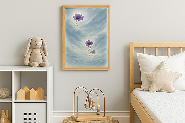 Shanshui-style painting of purple flowers hung beside a bed in a child’s room, with soft wooden furniture and a plush toy