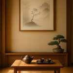 和室の壁に飾られた墨絵風の写意画と盆栽、木製のテーブルに茶器が並ぶ落ち着いたインテリア。
