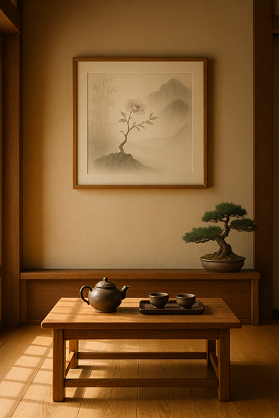 In this traditional Japanese room, a symbolic ink-style painting of the Rootless Tree hangs gracefully on the wall. The composition