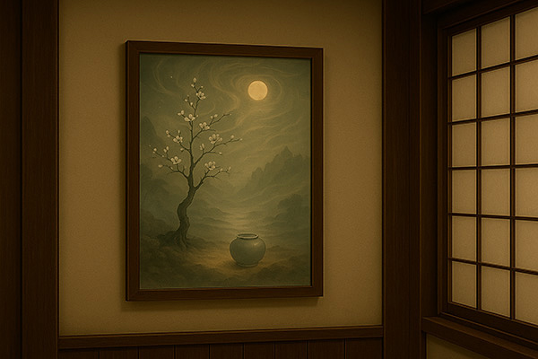 Xieyi painting hung beside a shoji screen, depicting a tree and a jar illuminated by moonlight.