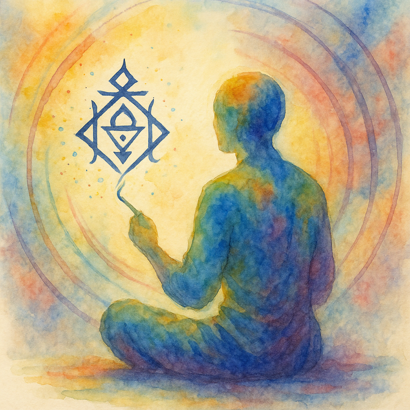 An image of a seated figure holding a Taoist symbolic diagram, painted in the style of xieyi. The artwork embodies the flow of qi, resonating with the viewer’s spirit and inviting harmony between heaven, earth, and the inner self.