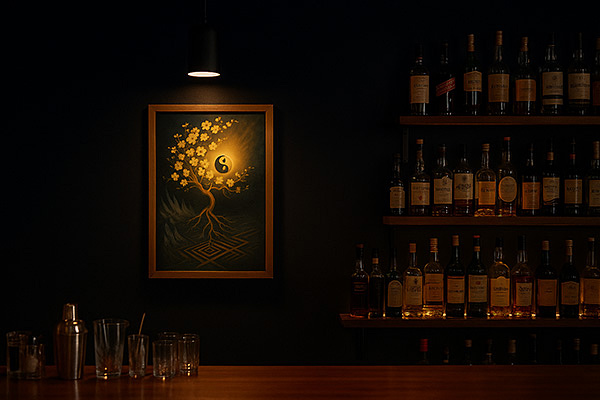 A symbolic painting illuminated on the wall of a bar counter, surrounded by shelves of bottles