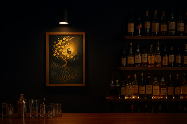A symbolic painting illuminated on the wall of a bar counter, surrounded by shelves of bottles