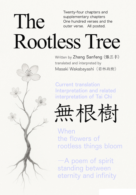 The cover of the English version of the book of the rootless tree. Based on the ideas of the Chinese Wudang Mountain tradition, it depicts the harmony of heaven and earth and the cycle of yin and yang, and interprets it in a modern way. A philosophical poem that mediates the tuning of the spirit and the universe.