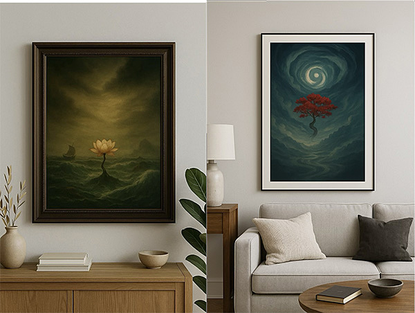 Two Xieyi paintings displayed in a living room interior. On the left, a white lotus blooms amidst stormy waves; on the right, a red tree rises within a swirling sky.