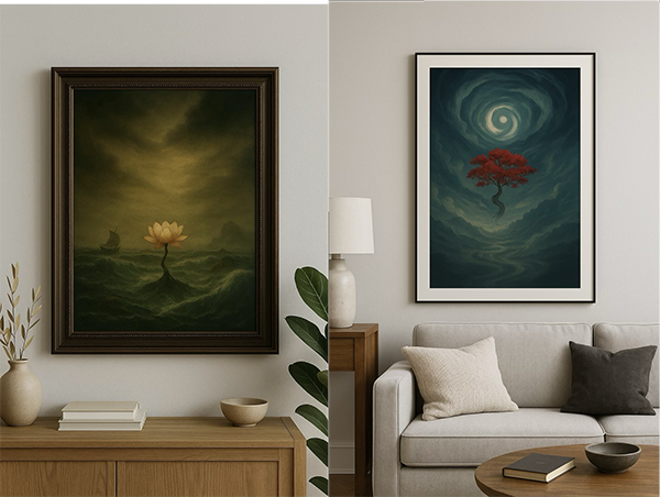Two Xieyi paintings displayed in a living room interior. On the left, a white lotus blooms amidst stormy waves; on the right, a red tree rises within a swirling sky.