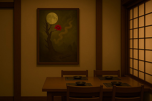 A Xieyi painting displayed in a Japanese restaurant private room. The artwork depicts a red flower under the moonlight, enhancing the serene Japanese atmosphere.