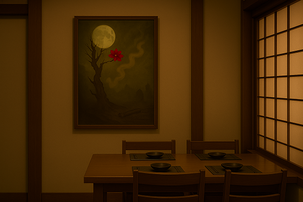 A Xieyi painting displayed in a Japanese restaurant private room. The artwork depicts a red flower under the moonlight, enhancing the serene Japanese atmosphere.