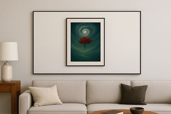 Interior of a modern living room with a white sofa and a framed Xieyi painting “The Rootless Tree” featuring a red flower hung on the wall