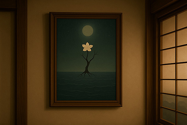 A framed xieyi painting of a white flower illuminated by the moonlight over the sea, displayed in a Japanese inn’s tatami room. The artwork harmonizes with the tranquil interior, creating an atmosphere of serenity and mysticism.