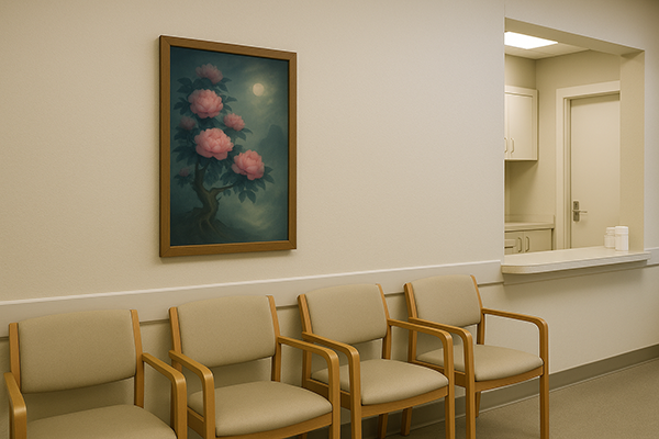 A Xieyi-style painting of blooming flowers under the full moon displayed on the white wall of a clinic waiting room.