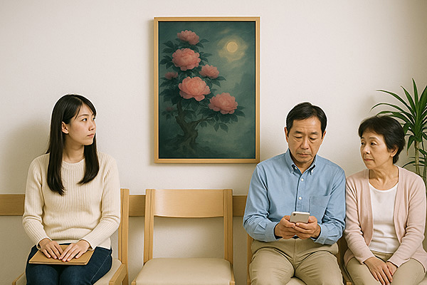 In a clinic waiting room, three people sit on chairs with a xieyi painting of flowers illuminated by moonlight hanging on the wall behind them.