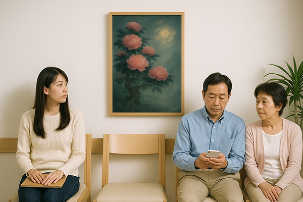 In a clinic waiting room, three people sit on chairs with a xieyi painting of flowers illuminated by moonlight hanging on the wall behind them.