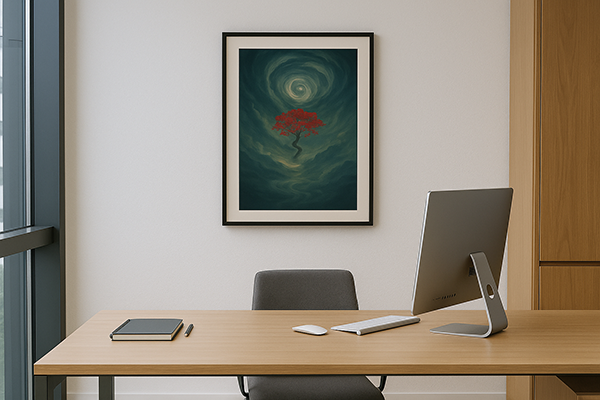 A framed symbolic ink-style painting displayed on an office wall, depicting a red tree beneath a swirling cosmic light, creating a mystical atmosphere.