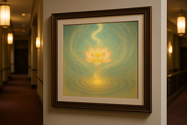 A framed xieyi painting of a lotus displayed on the wall of a concert hall corridor, softly illuminated to create a serene atmosphere.