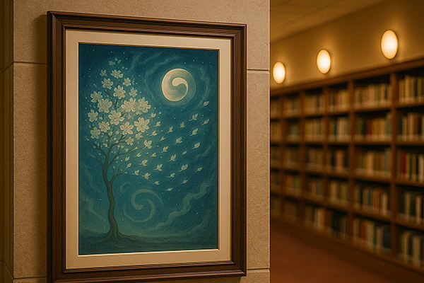 A Xieyi-style painting displayed on a library wall. The artwork, depicting a full moon and scattering blossoms, adds a gentle light to the shelves of books.