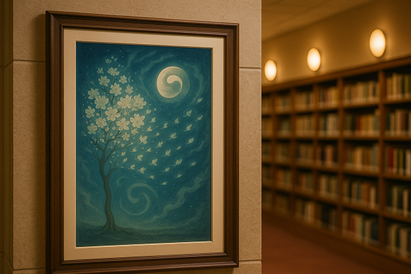 A Xieyi-style painting displayed on a library wall. The artwork, depicting a full moon and scattering blossoms, adds a gentle light to the shelves of books.