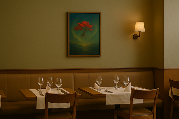 A Xieyi painting of a red rootless tree displayed on the wall of a Western-style restaurant. The warm lighting and elegant table settings enhance the artwork’s dreamlike atmosphere.