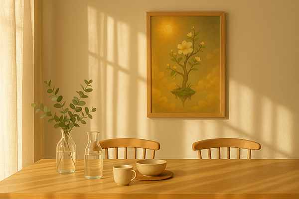 Xieyi painting of a yellow flower displayed in a sunlit dining room