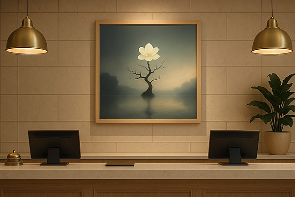 A mystical Xieyi painting displayed at a hotel reception desk