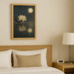ホテルのベッドルームに掛けられた、月と水面に映る無根樹の花の写意画。モダンで落ち着いた空間に芸術的な調和をもたらす。