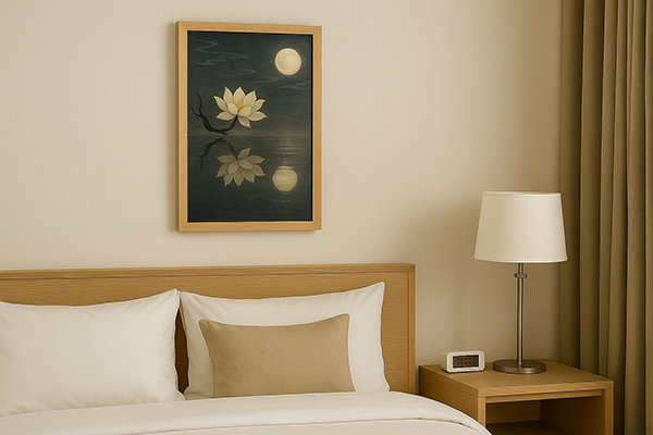 Xieyi-style painting of a Rootless Tree's flower and its reflection under the moon, displayed above the bed in a modern hotel room, creating a serene and artistic atmosphere.