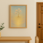 玄関の壁に飾られた写意画。淡い光に包まれた花が描かれており、木製のドアとシンプルな家具と調和して、来客を迎える温かな雰囲気を演出している。