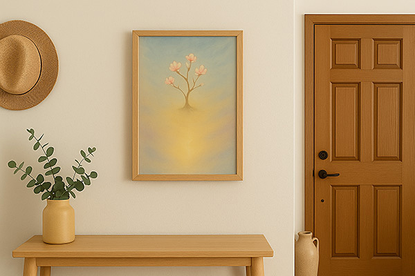 Xieyi painting displayed in the entrance hall. The artwork depicts a flower bathed in soft light, harmonizing with the wooden door and minimal interior, creating a warm and welcoming atmosphere.