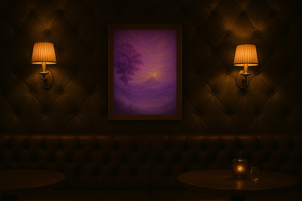 A Xieyi-style painting illuminated by warm lighting in a sophisticated club lounge