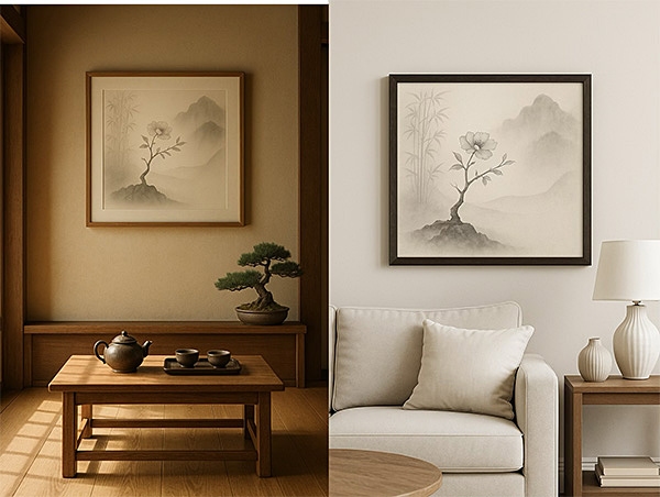 Xieyi paintings with a mountain landscape motif displayed in both a Japanese-style room and a modern living room, bringing tranquility and harmony to each space.