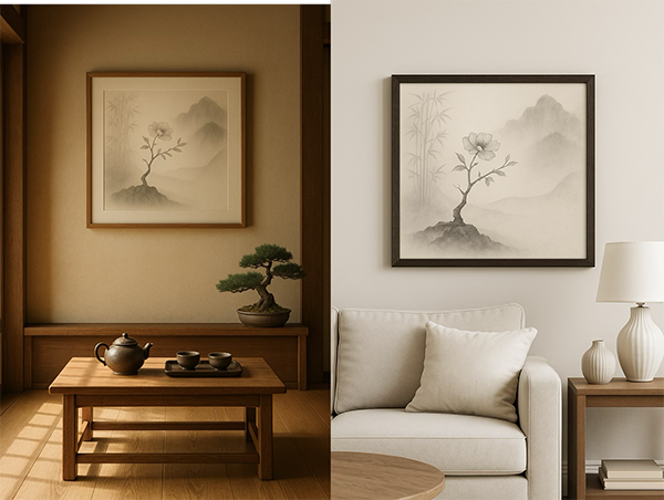 Xieyi paintings with a mountain landscape motif displayed in both a Japanese-style room and a modern living room, bringing tranquility and harmony to each space.