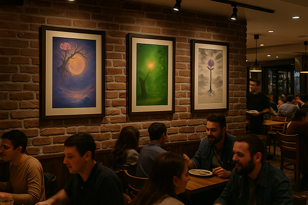 Three Xieyi paintings displayed on a brick wall inside a restaurant, with people enjoying their meals and conversations