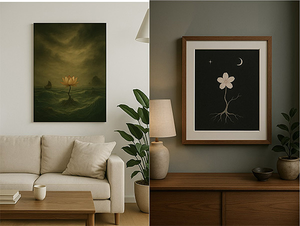 Xieyi painting “The Rootless Tree” displayed in a living room with sofa and sideboard