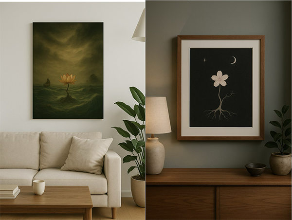 Xieyi painting “The Rootless Tree” displayed in a living room with sofa and sideboard