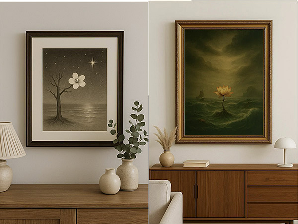 Two framed Xieyi-style paintings on the living room wall. The left depicts a white flower blooming under the moonlight, while the right shows a glowing lotus floating on a dark sea.