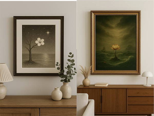 Two framed Xieyi-style paintings on the living room wall. The left depicts a white flower blooming under the moonlight, while the right shows a glowing lotus floating on a dark sea.