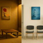 和室の畳の間に飾られた赤い花の写意画と、モダンな待合室の白壁に飾られた青い花の写意画。