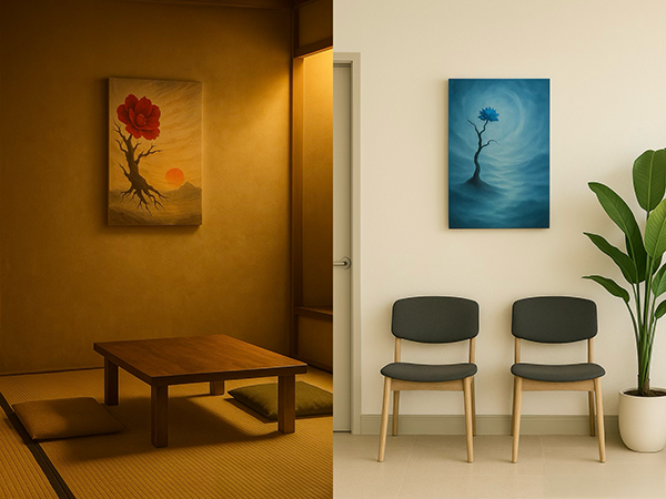Xieyi painting with a red flower displayed in a Japanese tatami room, and a blue flower painting displayed in a modern waiting room with white walls.